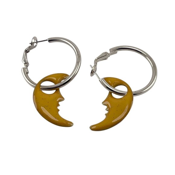 Mystical Moon Glow Hoop Earrings With Yellow Crescent Charms - Picture 1 of 7